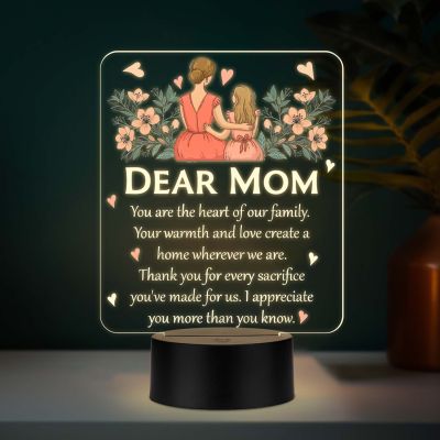 Dear Mom Acrylic LED Lamp with UV Print – Warm White Night Light Mother’s Day Gift